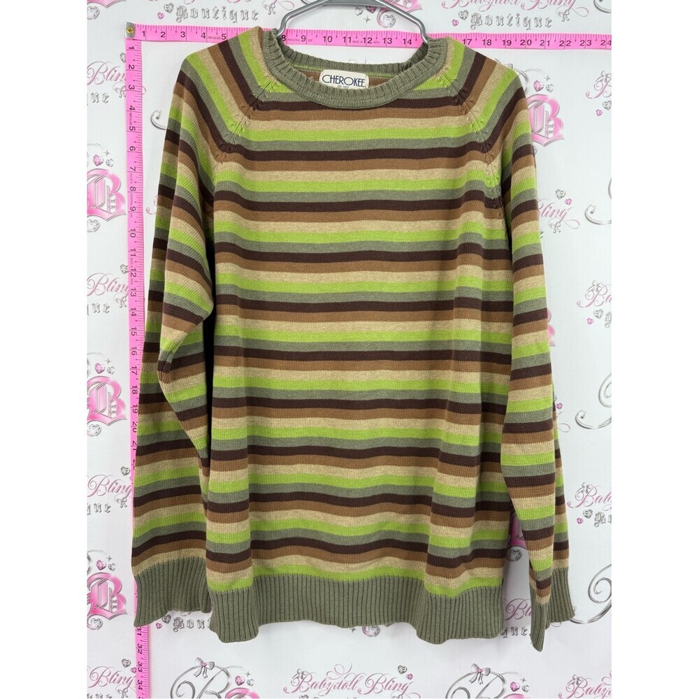 Cherokee sweater vintage y2k Striped Crewneck Sweater in Green, Brown, Tan